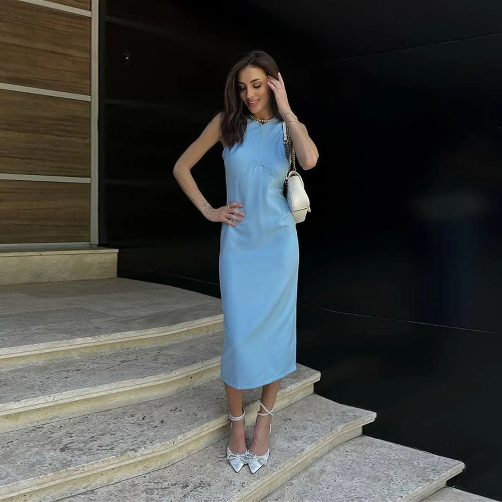 

5Noble Prom Tea Length Gown Sheath Club Sleeve Cocktail V Neckline Formal Party Lady Sky Blue Evening Dress