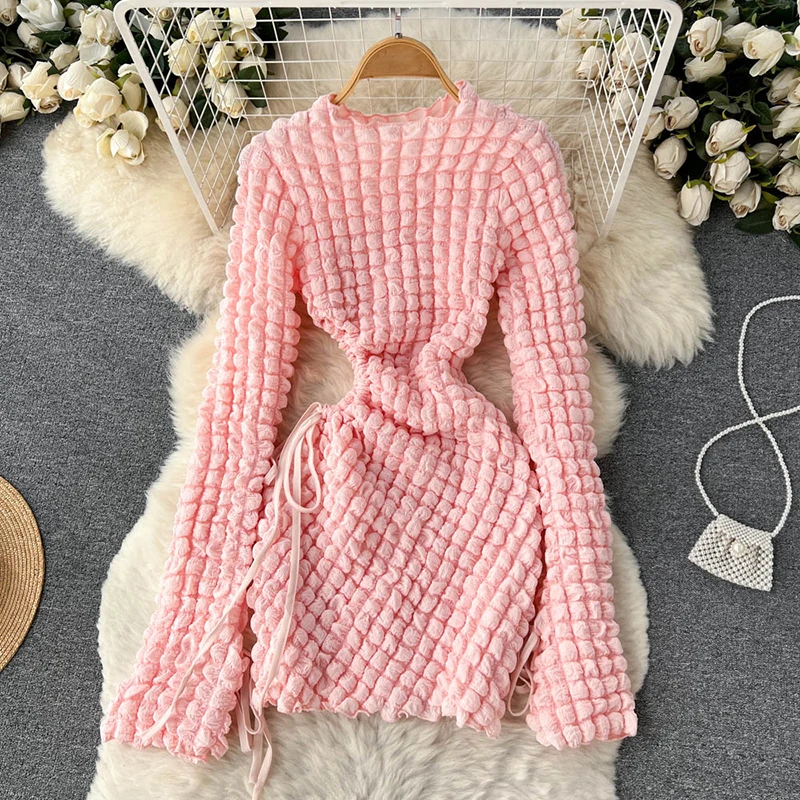 

Женское ажурное платье, привлекательное французское осеннее клетчатое платье с буффами, длинным рукавом и поясом на резинке, модное милое короткое платье-футляр