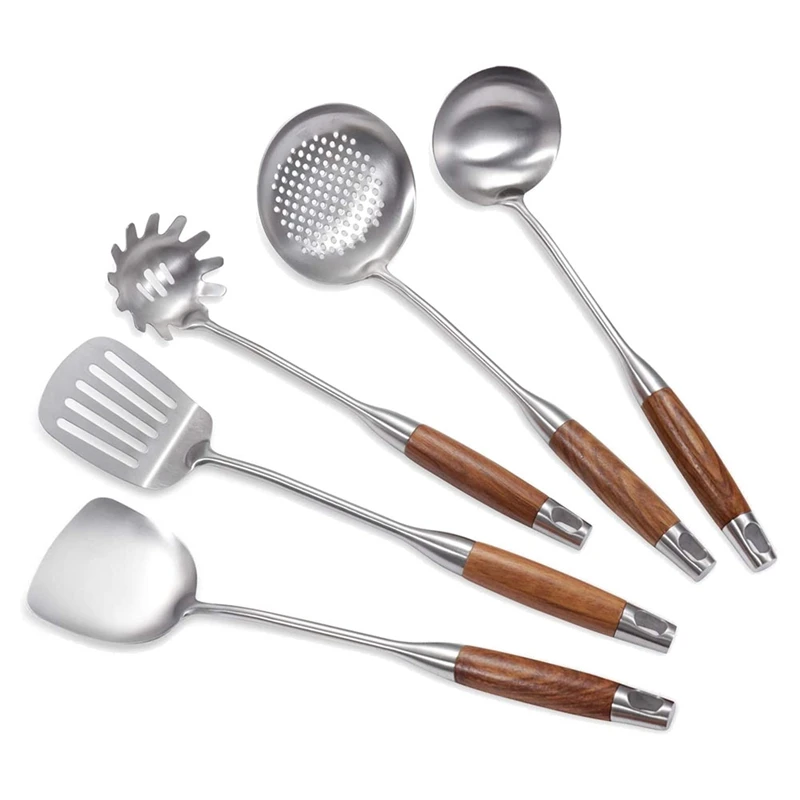 

5-Part Kitchen Utensils Set Skimmer Spoon Pasta Spoon Wok Spatula Serving Spoon Ladle, Wooden Handle