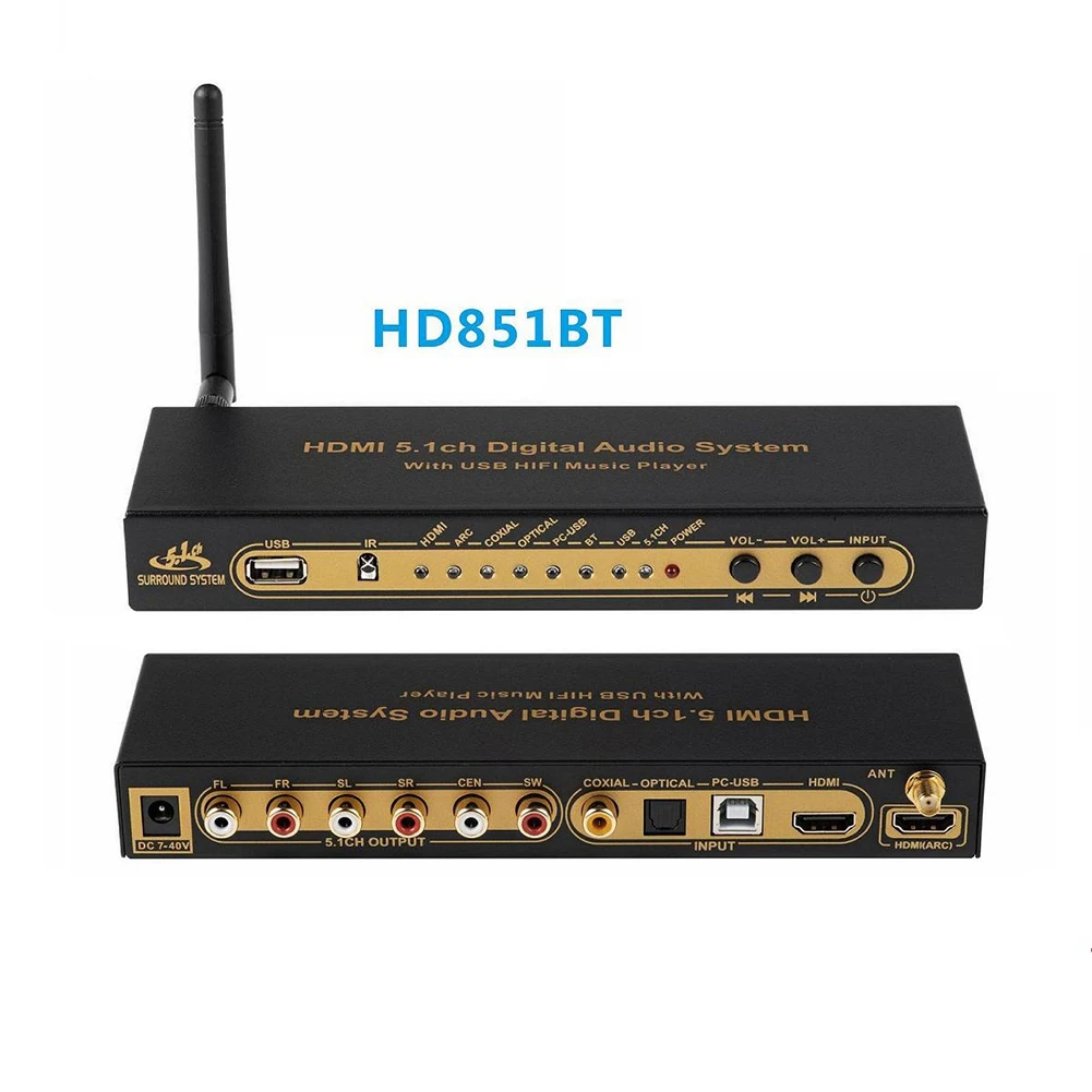 

HD851BT DTS AC3 5.1 Audio Converter Decoder HDMI Extractor 4K ARC SPDIF Coxial Optical Splitter with Bluetooth-US Plug
