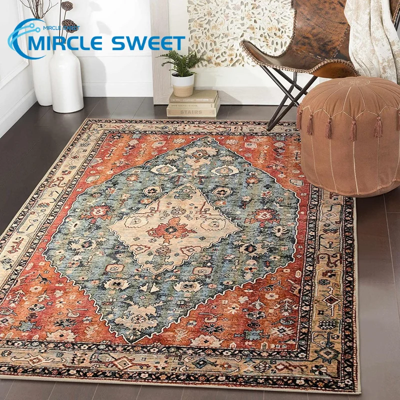 

Boho Tribal Area Rug Persian Distressed Entry Throw Rug Bohemian Faux Wool Indoor Accent Rug Non-Slip Washable Low-Pile Carpet