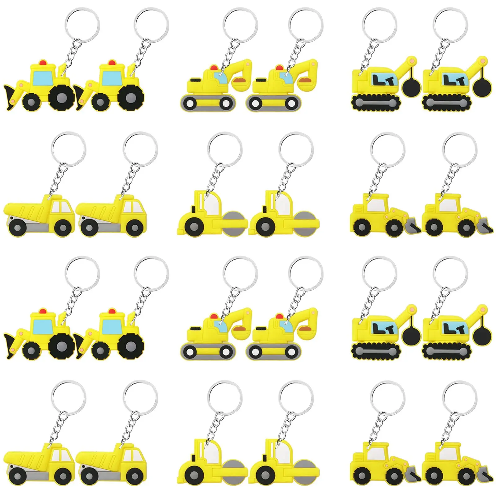 

24Pcs Construction Theme Birthday Party Decorations Excavator Dumper Crane Street Roller Keychains Dump Truck Traffic Zone
