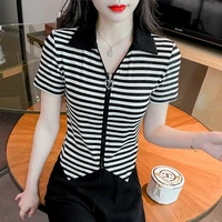 vintage printed striped lapel zipper loose short sleeve shirt 2022 summer new casual tops fashion women clothing commute blouse