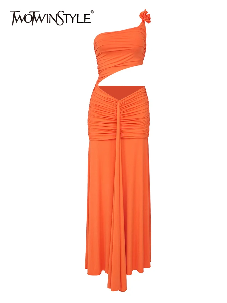 

Женское платье с длинным рукавом TWOTWINSTYLE, однотонное платье с цветочным принтом и длинным рукавом на одно плечо