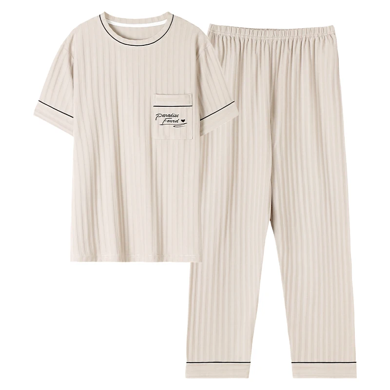 CAIYIER Summer Autumn Men's Cotton Pajamas O-Neck Short Sleeve + Long Pants Sleepwear Letter Embroidery Loungewear Plus Size 5XL