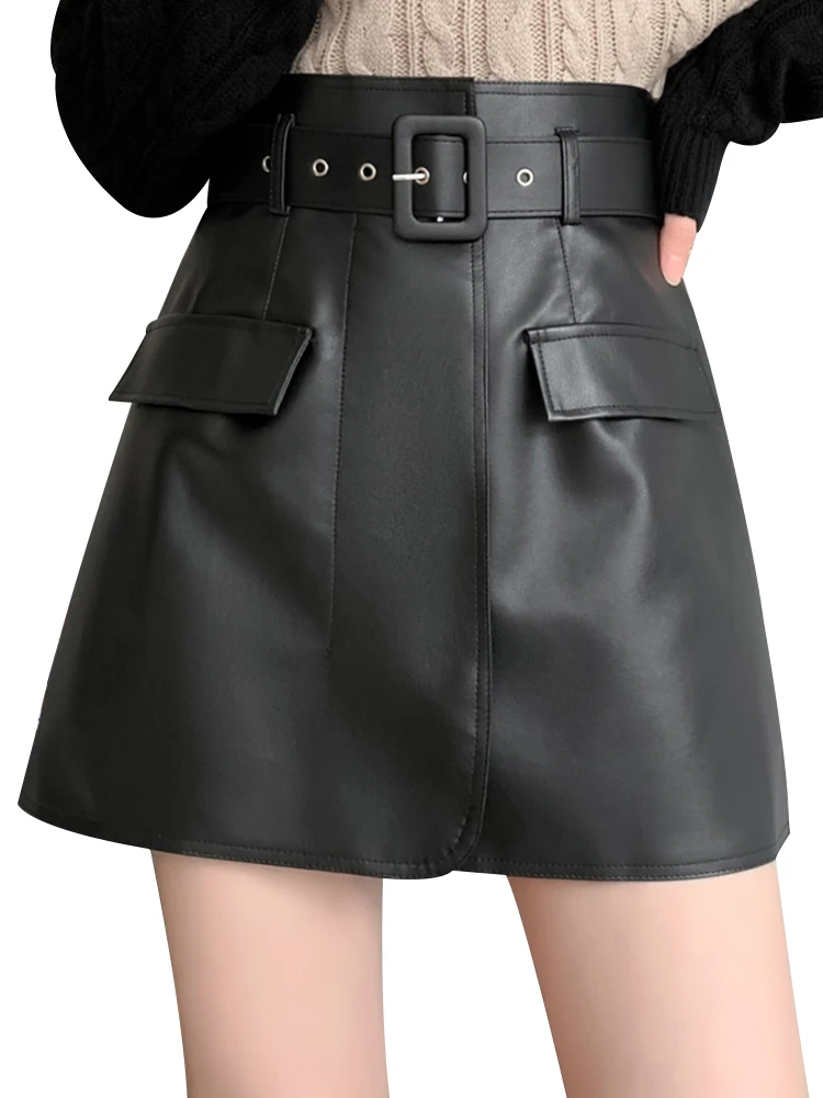 

QOERLIN Belt Skirts with Shorts Inside Black Skirt Female PU Leather Skirt Korean Fashion Loose Casual Mini Skirt High Waist