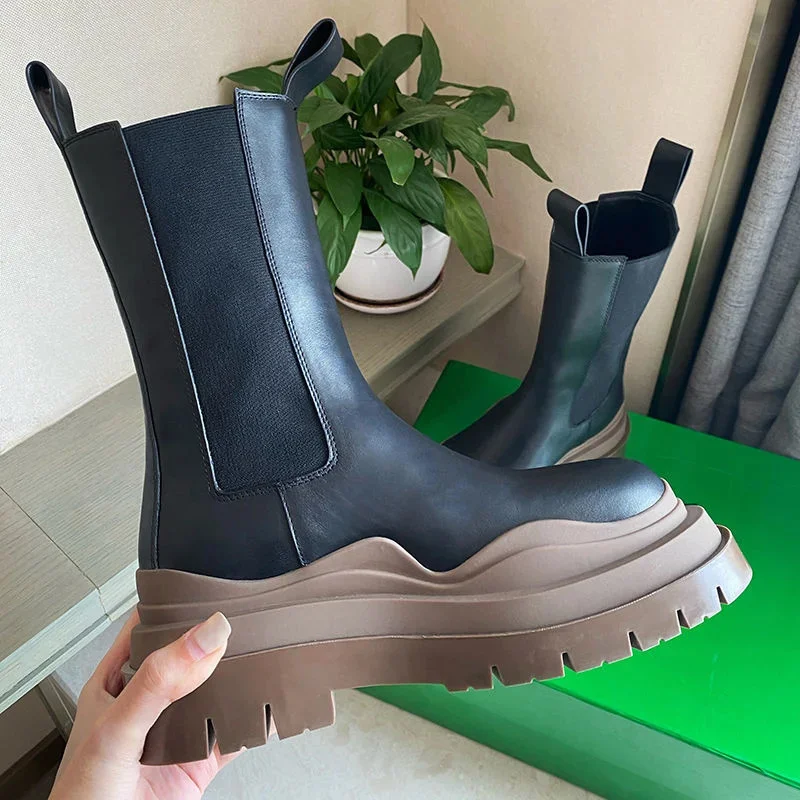 

Модные повседневные женские сапоги на платформе, высококачественные сапоги до середины икры, кожаная обувь, женские сапоги Челси, осенне-зимние сапоги