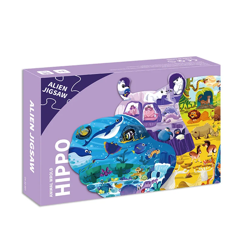 

12 Pattern Children Puzzle 100 Pieces Freedom Hippo Animal Shaped Paper Jigsaw Game Crafts Kids Gift Box Design Toy Wholesale