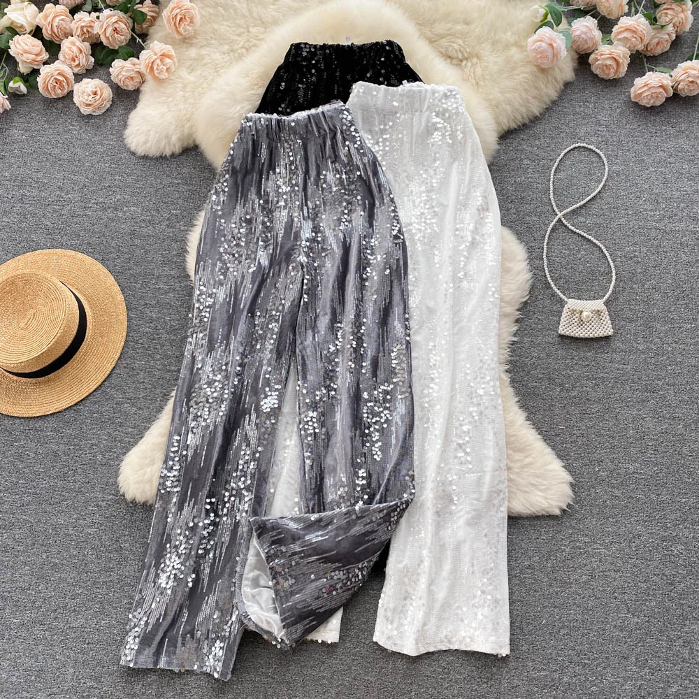 

Осенние новые повседневные шикарные широкие брюки с блестками и высокой талией