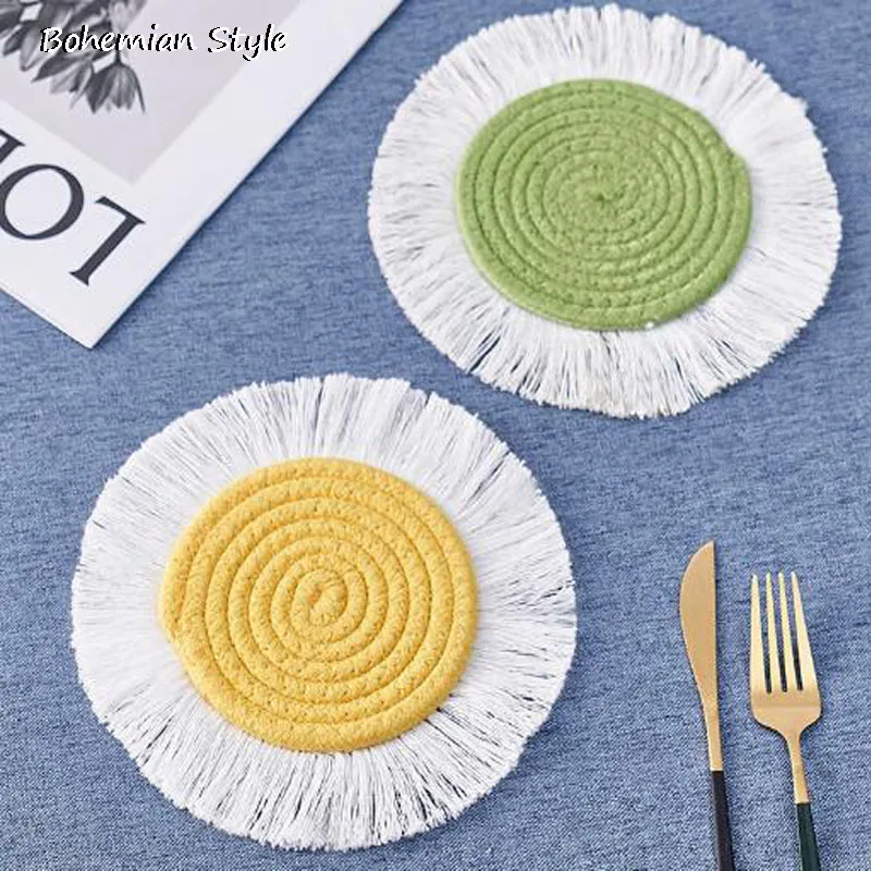 

Popular Bohemia Handmade ins braid cotton rope tassels table place mat pad Cloth Coffee tea placemat cup coaster Christmas doily