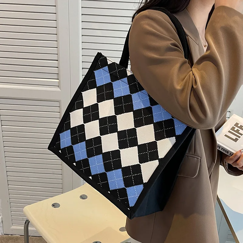 

Plaid Tote Bags for Women Large Capacity Canvas Bag Lady Girl Shopping Handbag Lipstick Coin Phone Stroage Bag Check Pattern Ins