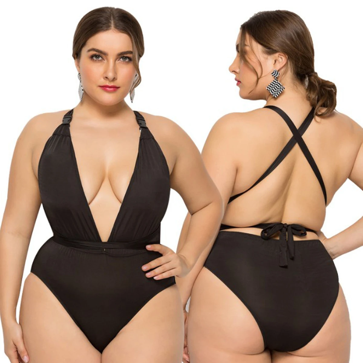 

Women's Halter Bandage Deep V Neck One Piece Swimsuit Plus Size 4XL Tummy Control Drawstring Swimwear