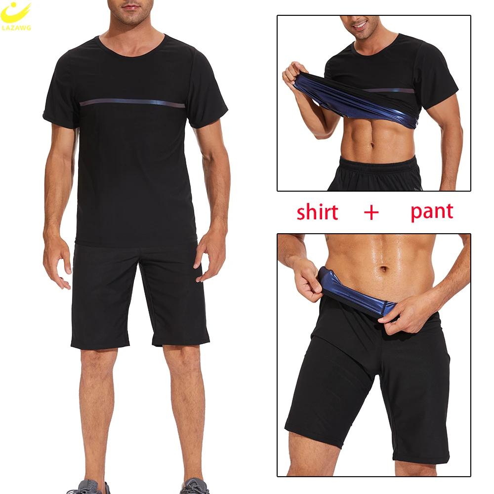 

LAZAWG Men Sauna Suit Rapid Sweating Short Sleeve Sweat Top Shorts Weight Loss Tracksuit Body Shaper Fat Burner Sportwear Gym