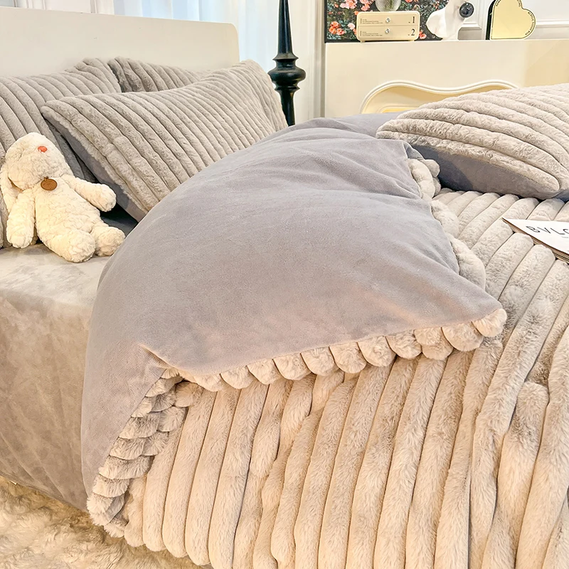 

Однотонный утолщенный Зимний теплый плюшевый Комплект постельного белья с кроликом, мягкий и удобный комплект постельного белья из молочного бархата
