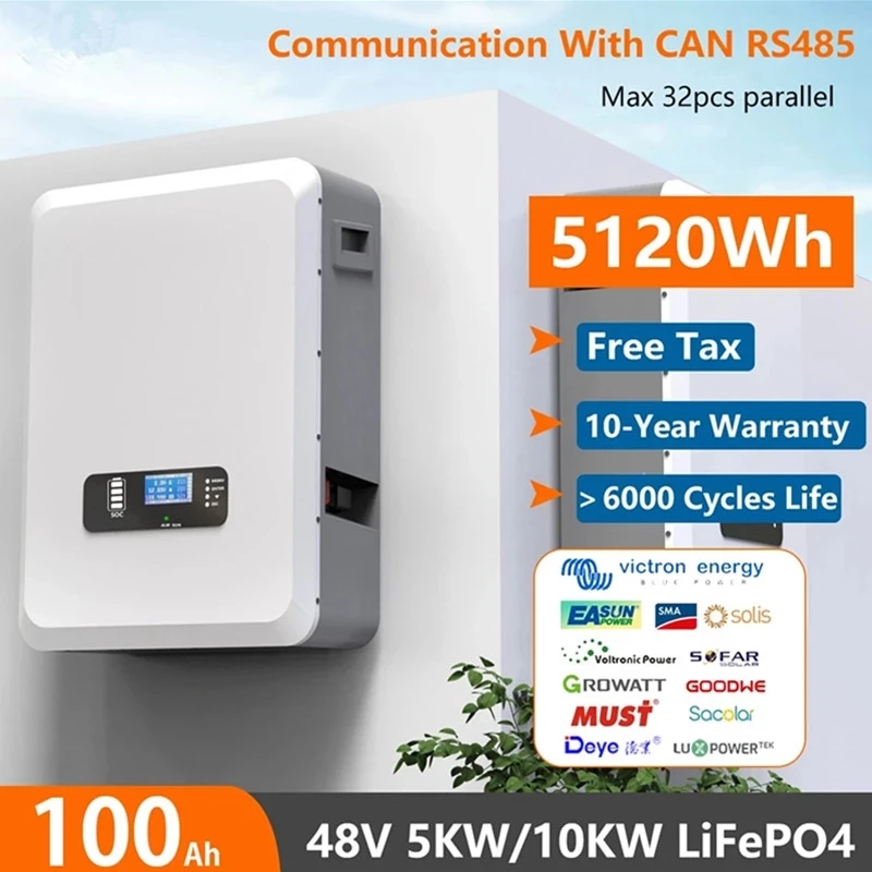 

48V 200AH LiFePO4 Powerwall Battery Pack 51.2 V 5KW Lithium Solar Battery 6000. Cycle Max 32 parallel RS485 CAN BUS For Inverter