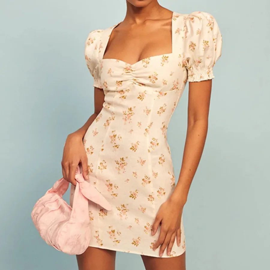 

Женское мини-платье с цветочным принтом, квадратным вырезом и рукавами-фонариками