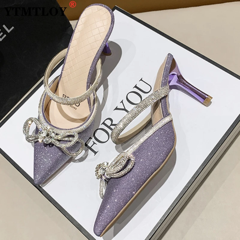 

Bowknot Rhinestone Bling Pumps Pointed-Toe Leather Summer Thin Heel Sandal Party Wedding Shoes Slides for Women Slippers 6