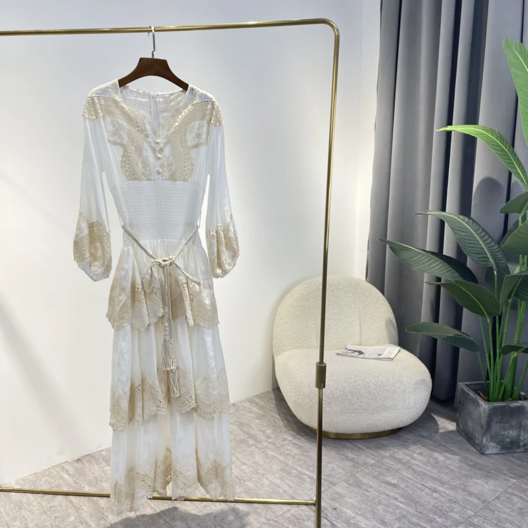 

2022 Latest Summer Women High Quality Beige White Hook Flower Hollow Shirred Waist Irregular Neckline Midi Dresses