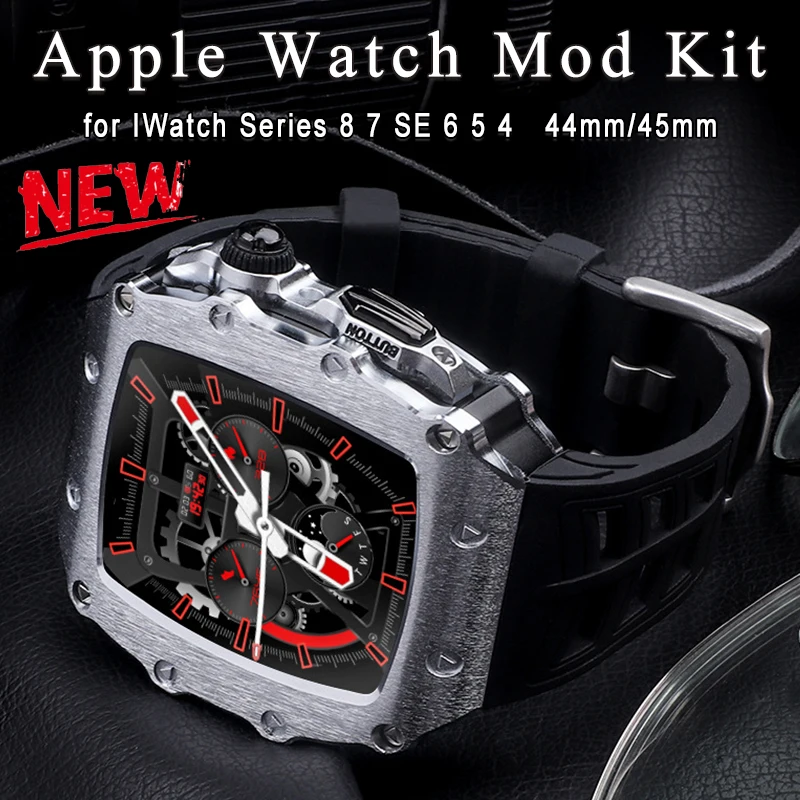 Stainless Steel Case Luxury Modification Kit for Apple Watch Band 45mm 44mm Metal Case Rubber Strap IWatch Series 8 7 6 SE 5 4