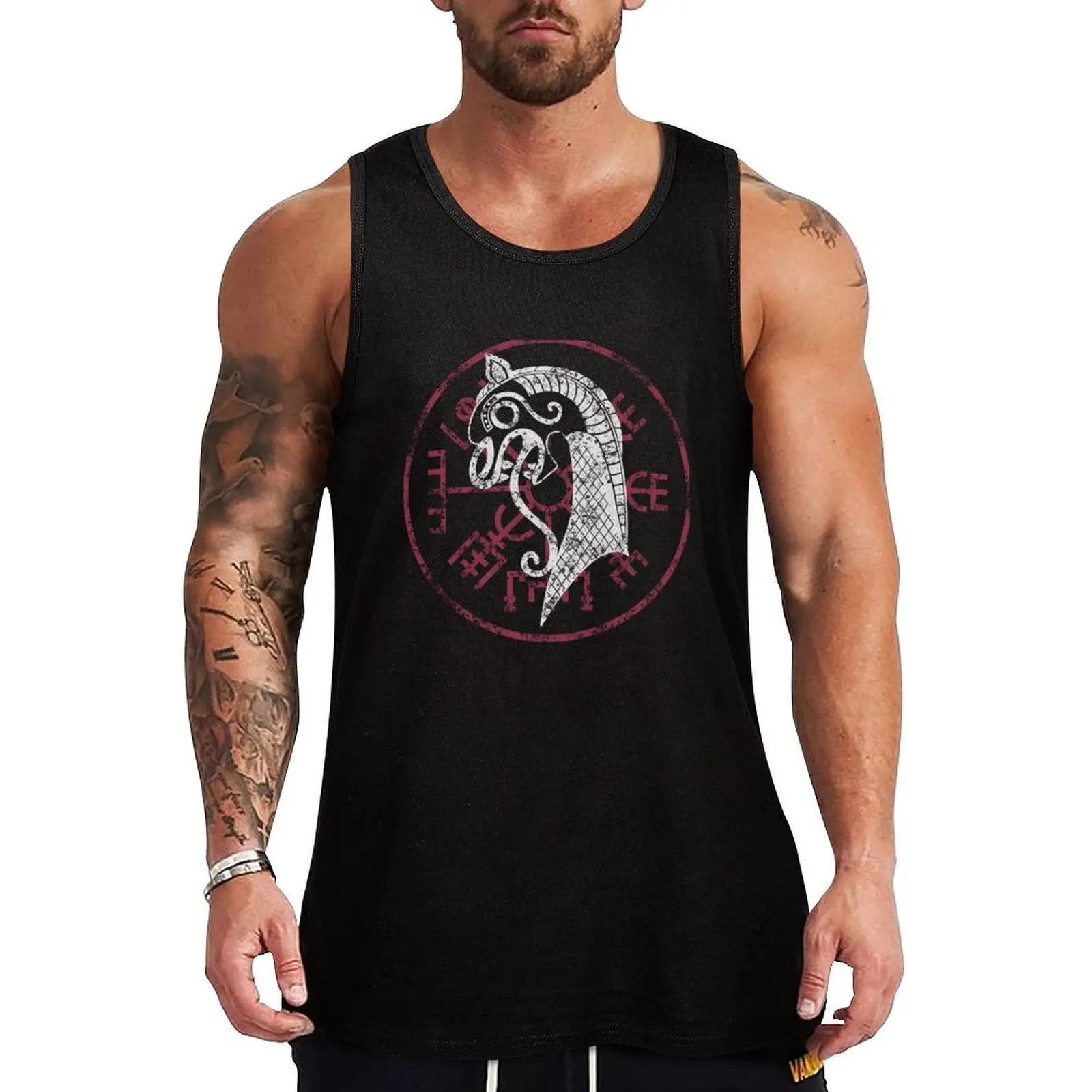 Viking Prow Beast Vegvisir Wayfinder White Cotton Mens Tank Top