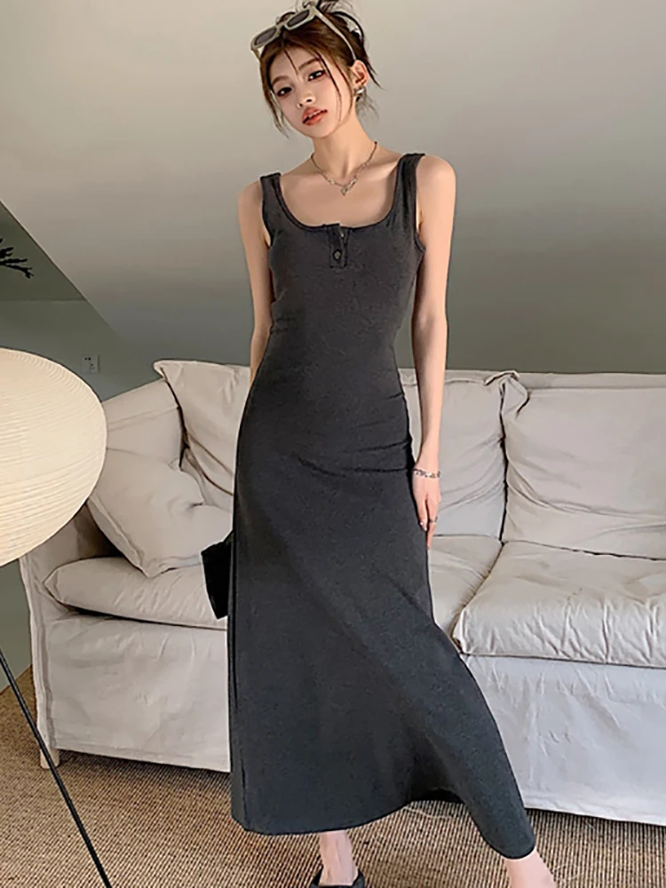 

Женское однотонное Элегантное повседневное платье макси на бретельках, новинка 2023, модное Шикарное облегающее домашнее платье, летние Роскошные корейские праздничные ранние платья