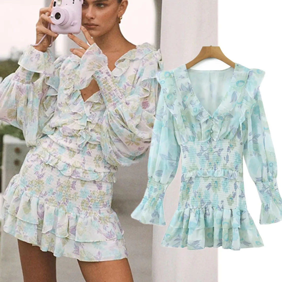 

Jenny&Dave 2022 Indie Folk Bohemian Vintage Ruffles Printing Cascading Dress Women