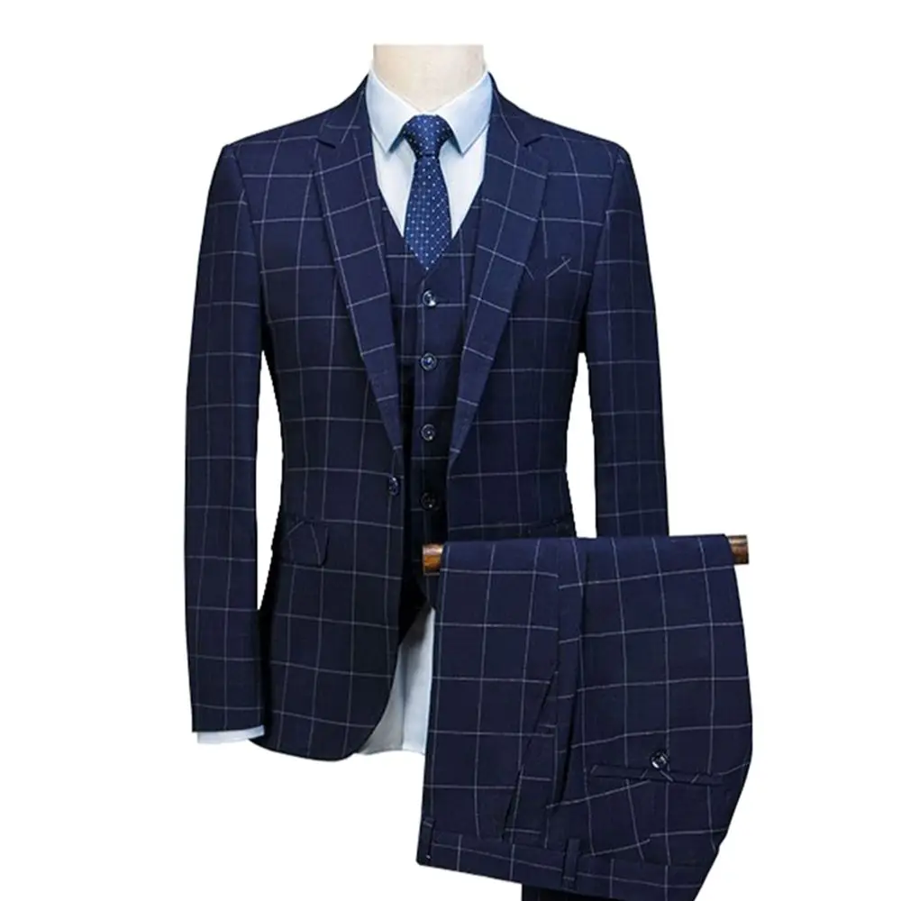 

Suit Men Royal Blue 3 Pieces Suit Mens Plaid Slim Fit Wedding Suits Groom Tweed Wool Tuxedos For Wedding (Jacket+Pants+Vest)