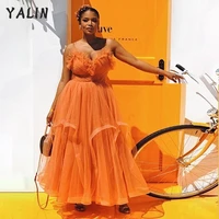yalin pretty orange tulle long prom dresses ruffles ruched spaghetti strap ankle length evening party gowns vestidos de fiesta