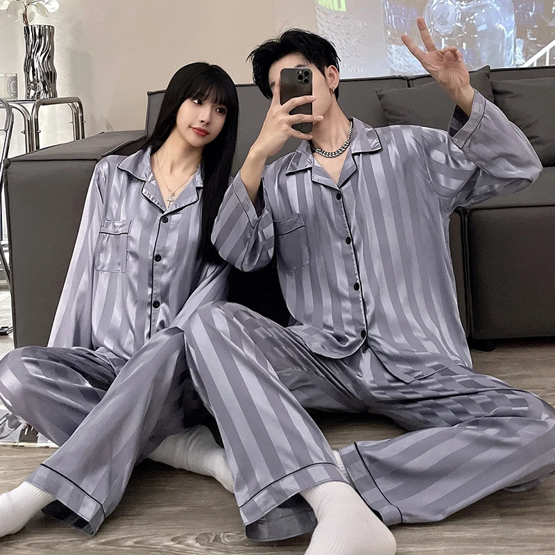 

Мужской комплект для пар, Шелковый мужской весенний топ + одежда для сна, атласный комплект для влюбленных с длинными рукавами, свободные пижамные штаны, женская пижама, осенняя Молодежная Пижама