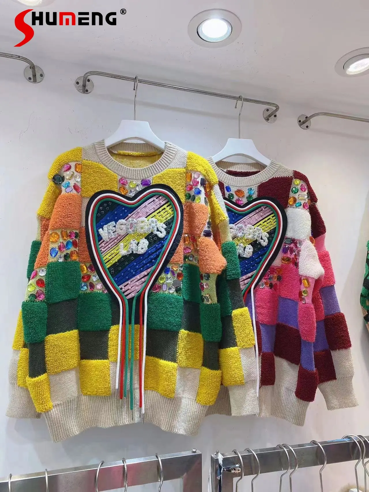 

European 2022 Autumn Winter New Fashion Fairy Plaid Colorblock Sweater Women's Elegant Sweet Love Crew Neck Pullover Knitted Top