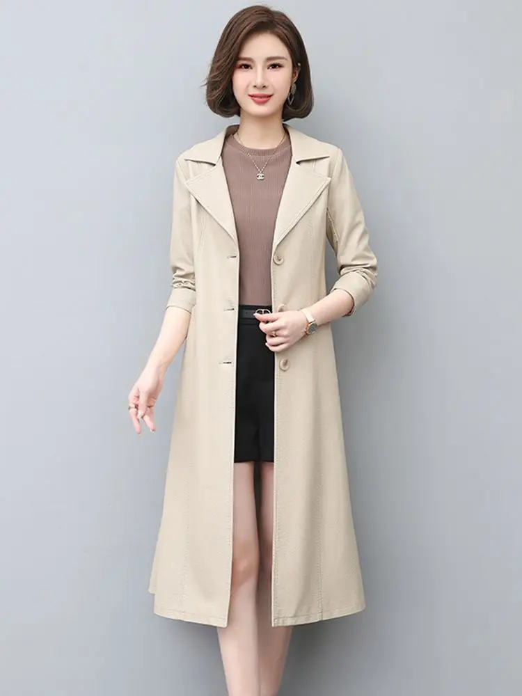 New Women Leather Trench Coat Spring Autumn Fashion Classic Suit Collar Long Sheepskin Outerwear Slim Split Leather Tops Coat