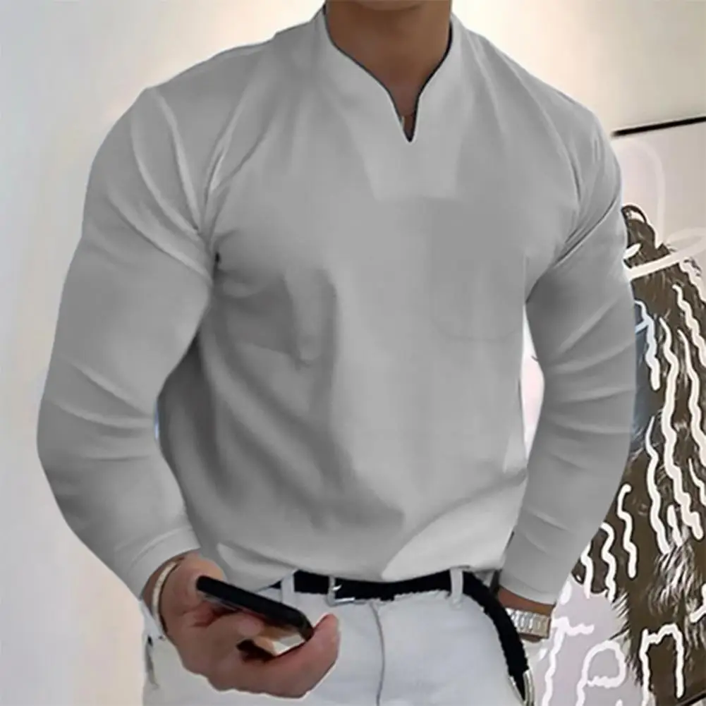 

Men Shirt Solid Color Pullover Slim Fit Close-fitting Friendly to Skin Casual V Neck Plus Size Long Sleeves Men Tops Men Clothes