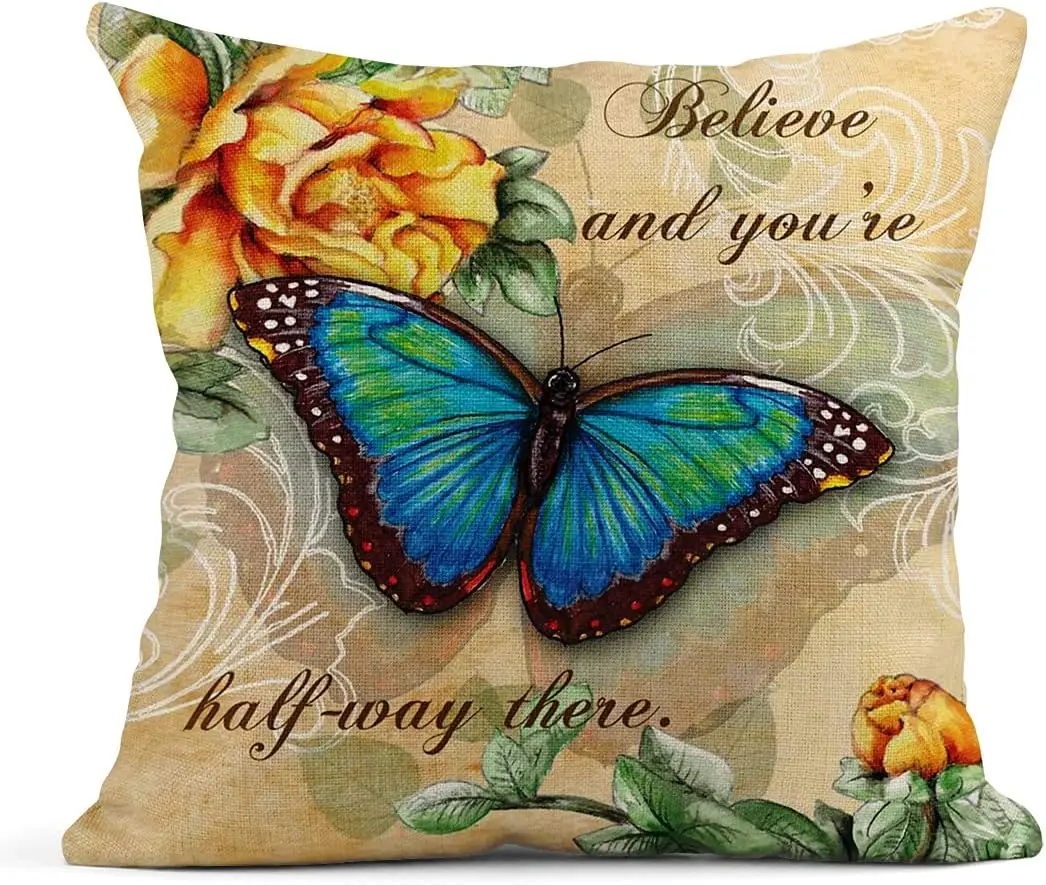 Льняная квадратная наволочка в стиле ретро с бабочками 140x4 0 см