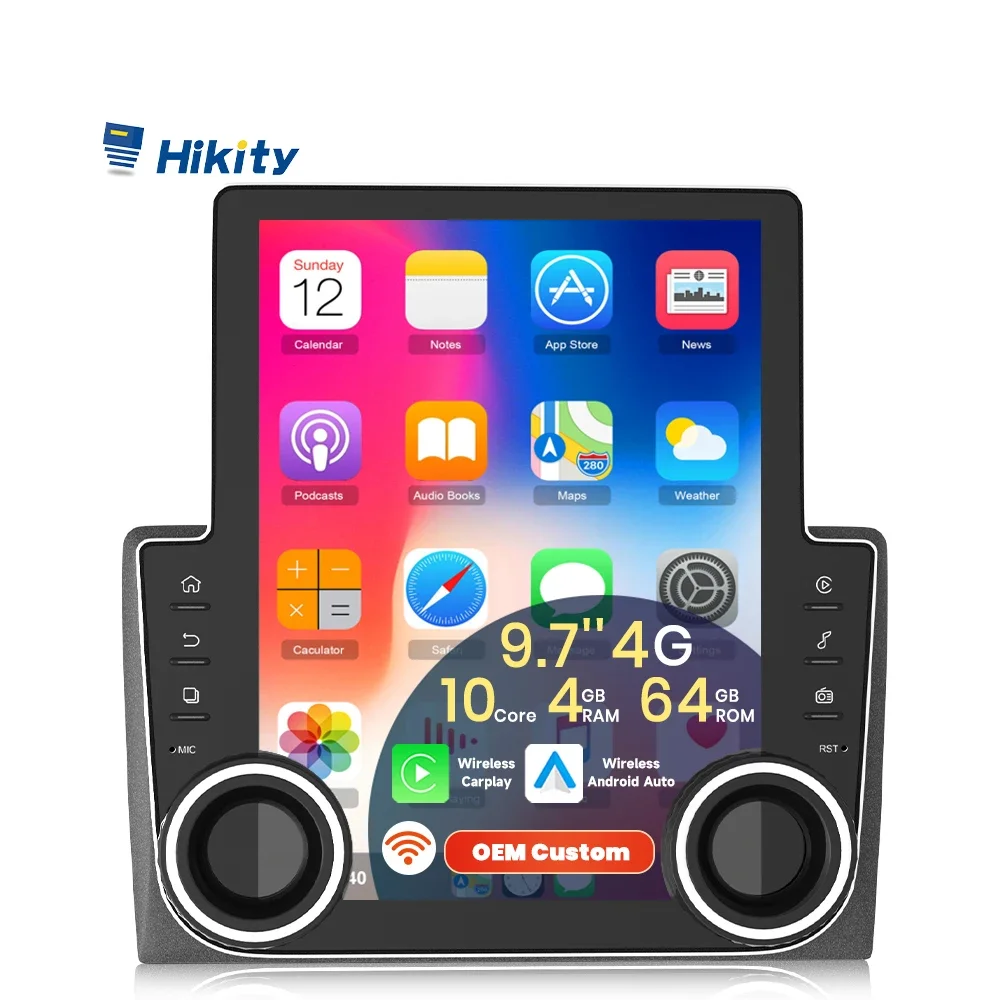 Фото Hikity 9,7 дюйма 10-ядерный 4 + 64G автомобильный радиоприемник с двойной ручкой QLED Wireless Carplay Android Auto GPS Wi-Fi и 4G охлаждающий вентилятор оптом №1