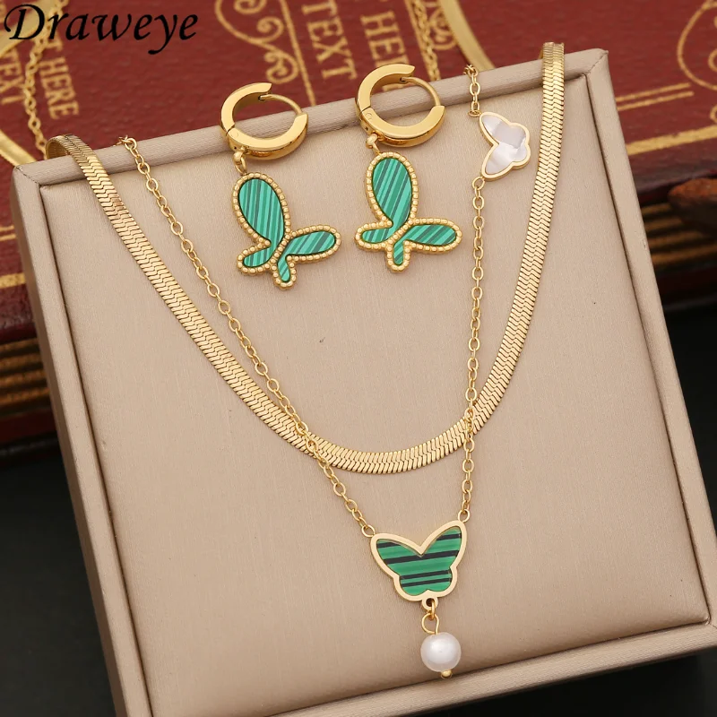 

Draweye Necklaces for Women Green Butterfly Sweet Korean Fashion Jewelry Elegant Stainless Steel Collares Para Mujer New