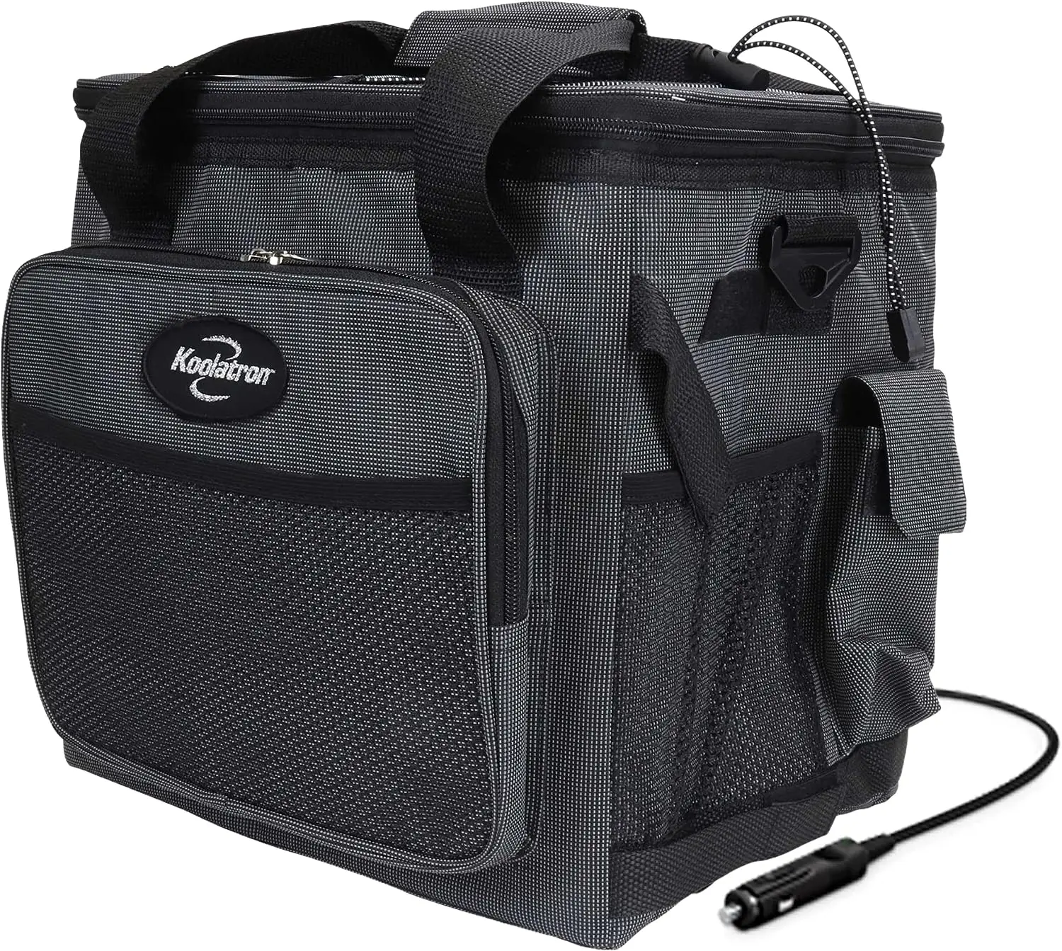 

Iceless 12V Cooler Bag, 26 qt (25 L) Black/Gray Soft-Sided Portable Car Fridge w/DC Power Cord, Adjustable Shoulder Strap, Cord