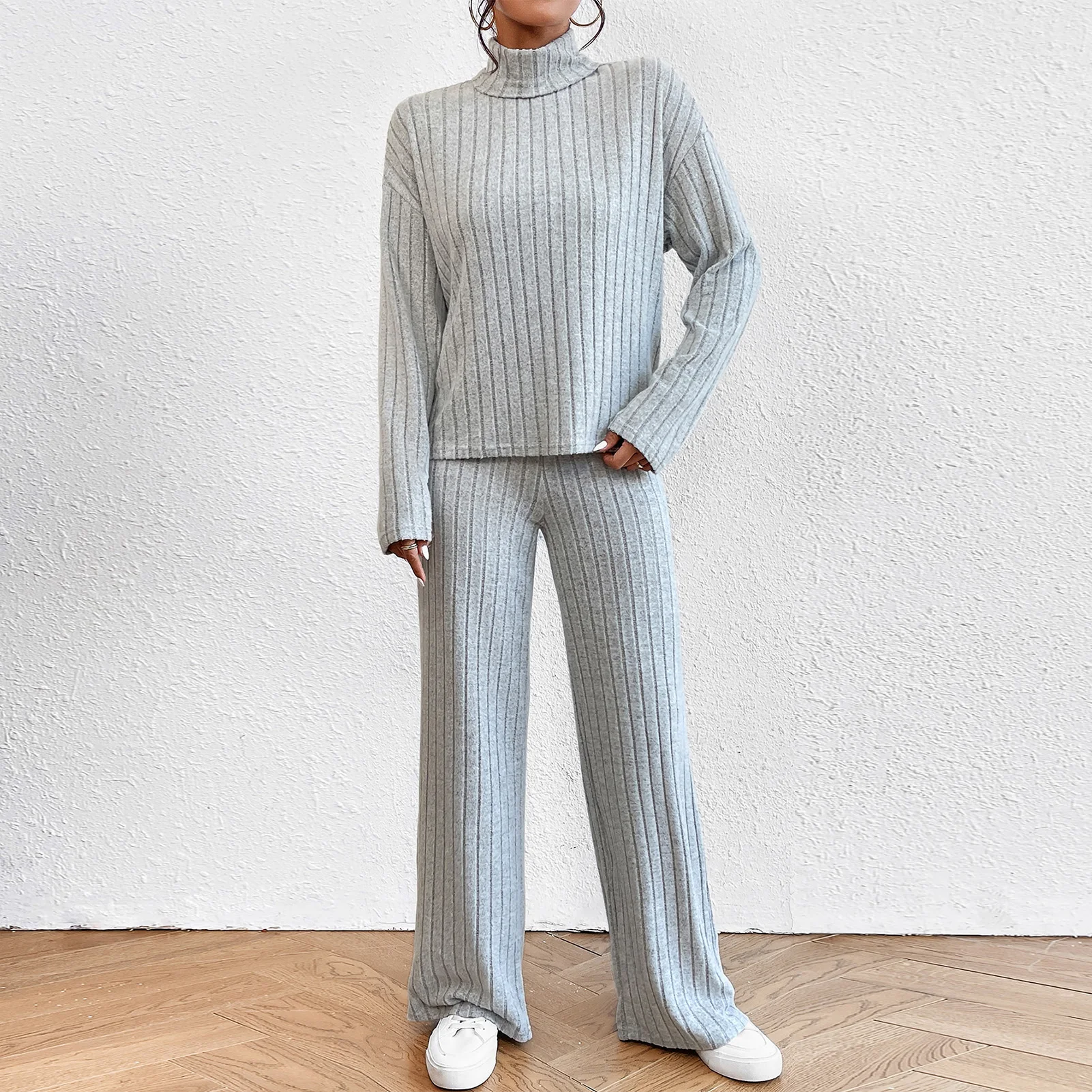 

Women Casual Fashion Sets Turtleneck Loose Thick Knit Top Elastic Wide Leg Long Pants Autumn Winter Two Pieces Homewear Suits