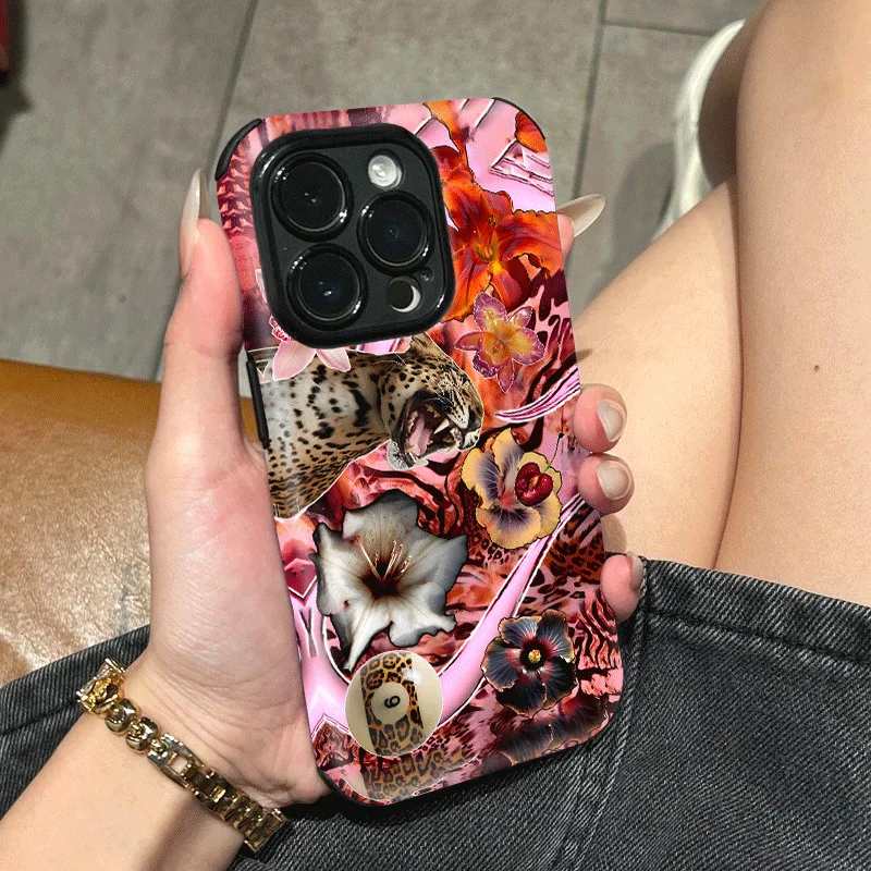 Фото Для iPhone 17 Pro Max чехол розовый Oleander с леопардовым принтом матовый тонкий, совместимый с iPhone 17, 16, 15, 14, 13, 12, 11 №1