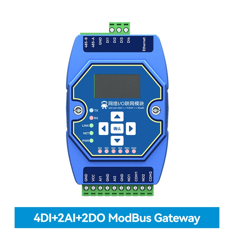 

Модуль управления сбора данных 4DI + 2AI + 2DO RS485 ModBus Ethernet I/O