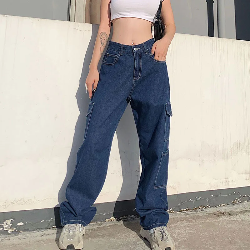 Baggy Jeans Women Denim Pants Pockets Streetwear Y2k Cargo Pants Solid Color Casual Loose Straight Wide Leg Pants Denim Trousers