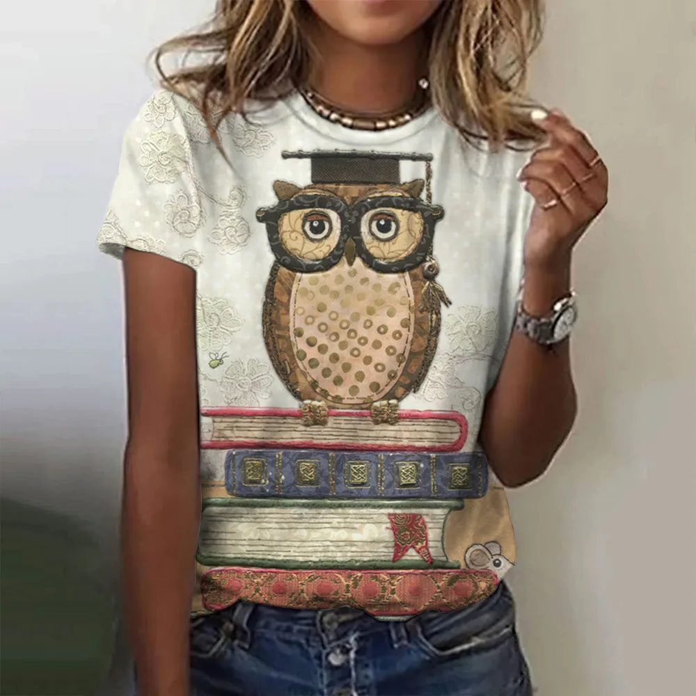 

Vintage Animal Print Women'S T Shirt Summer Fashion Short Sleeve Tops 3d Owl Pattern Oversized Female Streetwear Holiday Fun Tee