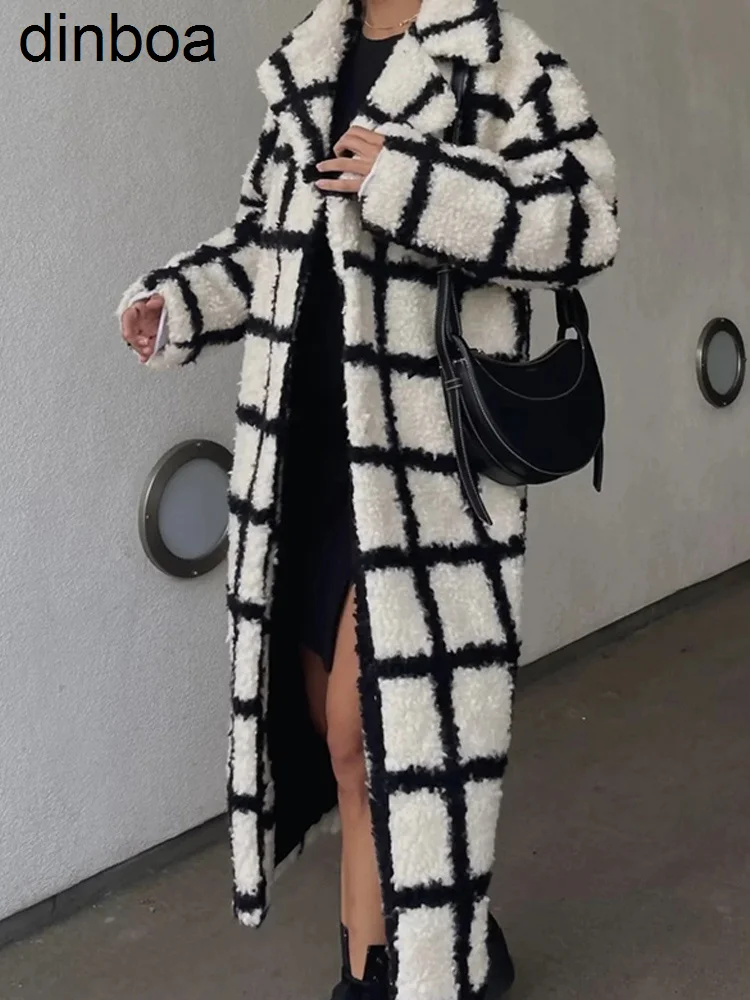 Dinboa-faux Lamb Plaid Lapel Jacket Women Elegant Ladies Full Sleeve Long Coat 2022 Za Fall Winter Button Pocket Casual Overcoat