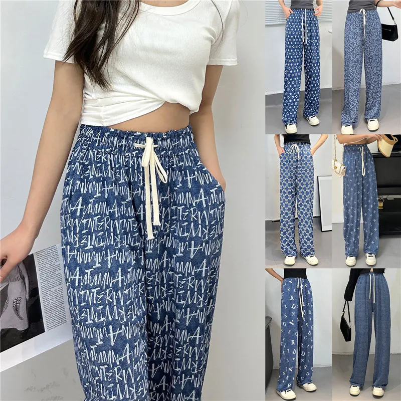

Summer Women's Pants Cross Print Loose Wide Leg Pants Elastic Waist Pants Chic All-match Elegant Woman Clothes Korean Style