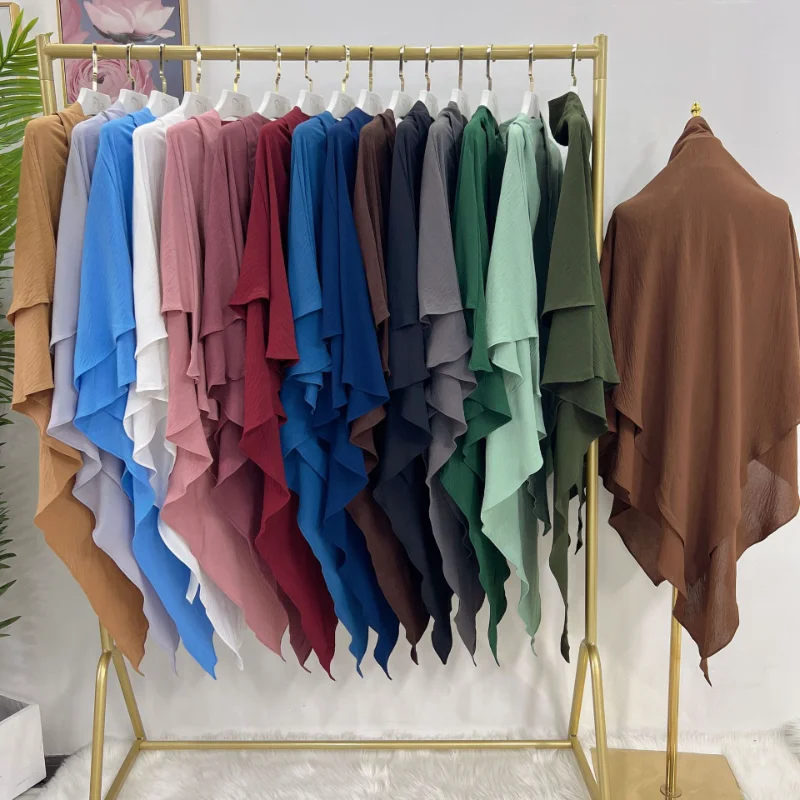 

Long Khimar Hijab Scarf Wrap 2 Layers Crepe Voile Femme Musulman Muslim Fashion Ramadan Prayer Hijabs Wholesale Islamic Clothing