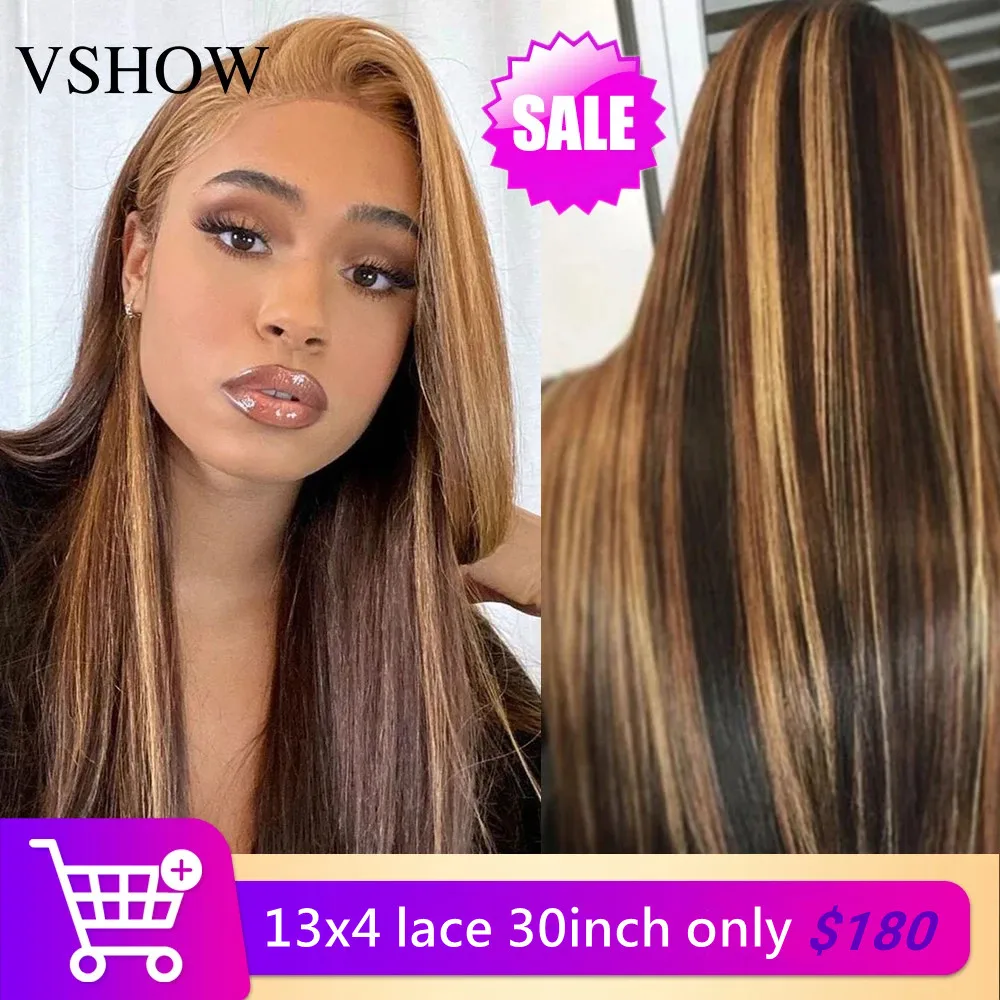 VSHOW Straight 4/27 Highlight 13x4 Lace Frontal Wig Ombre Honey Blonde Wigs 4x4 Lace Closure Wig Brazilian Human Hair Laced Wigs