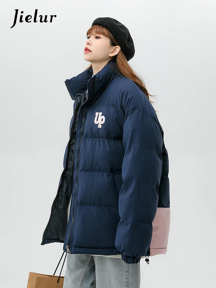 

Jielur Letter Embroidery Cotton Jacket New Winter Parkas Niche Students Women Jackets Beige Nave Blue Black Coats Stand Collar