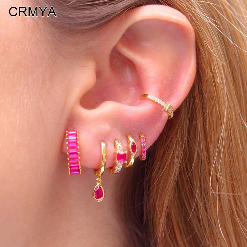 

CRMYA Gold Plated Dangle Hoop Earrings For Women Fashion Red CZ Zircon Piercing Famale Earring Set 2023 Jewelry Wholesale