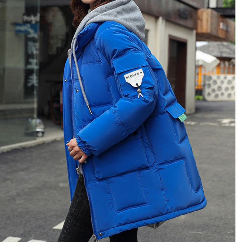 Winter Warmth Women Mid-length Cotton Coat Fake Two-piece Hooded Padded Jacket Korean Fashion Loose Big Pocket Thicken Designer