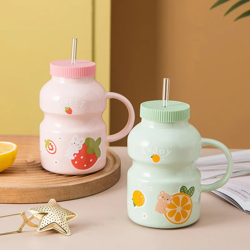 Креативная Милая керамическая кружка с крышкой и соломинкой Мультяшные кружки