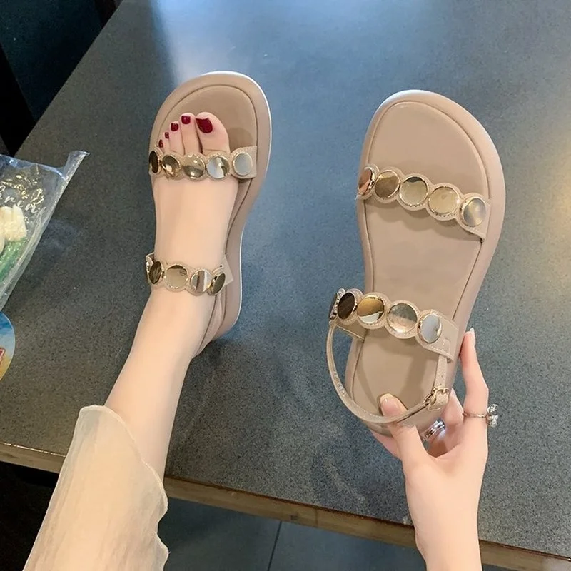 

Large Size Low Sandals Woman Leather Shallow Mouth Big Low-heeled PU Fabric Slides Rubber Hoof Heels Patent Low Sandals Woman